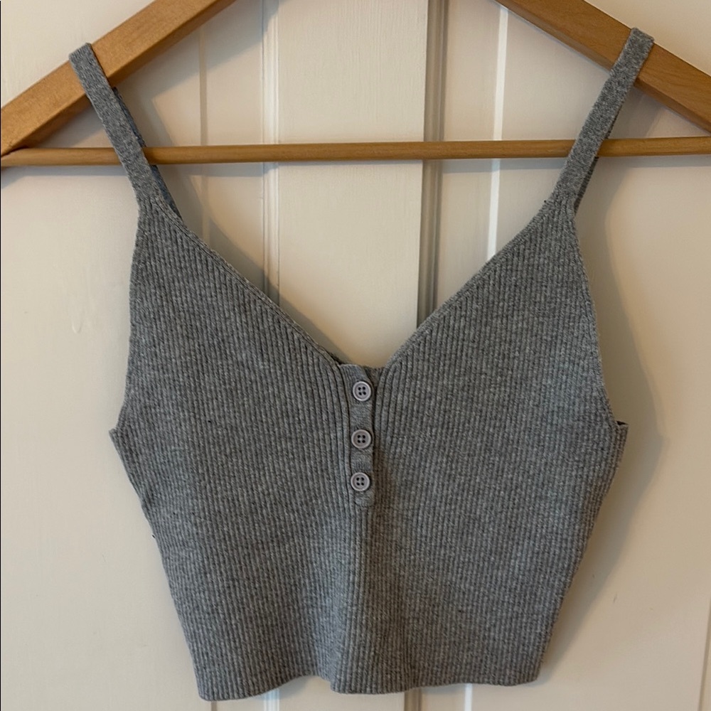 Gray Ribbed Button-Front Top